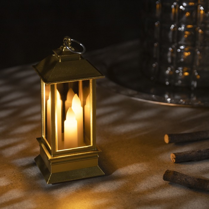 Светодиодная фигура «Золотистый фонарь со свечками» 5.5 × 13 × 5.5 см, пластик, батарейки AG13х3, свечение тёплое белое - фото 1907129249