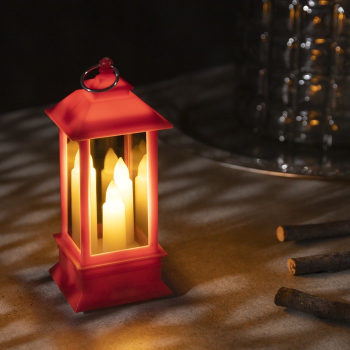 Светодиодная фигура «Красный фонарь со свечками» 5.5 × 13 × 5.5 см, пластик, батарейки AG13х3, свечение тёплое белое - фото 1907129258