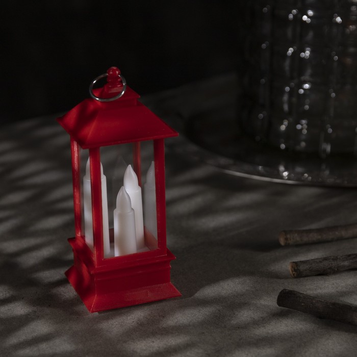 Светодиодная фигура «Красный фонарь со свечками» 5.5 × 13 × 5.5 см, пластик, батарейки AG13х3, свечение тёплое белое - фото 1907129259