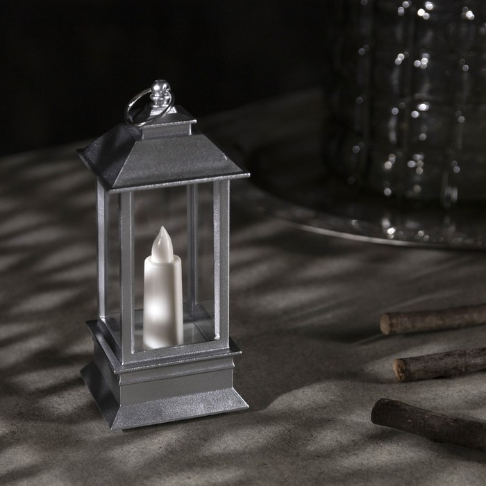 Светодиодная фигура «Серебристый фонарь со свечкой» 5.5 × 13 × 5.5 см, пластик, батарейки AG13х3, свечение тёплое белое - фото 1886515120