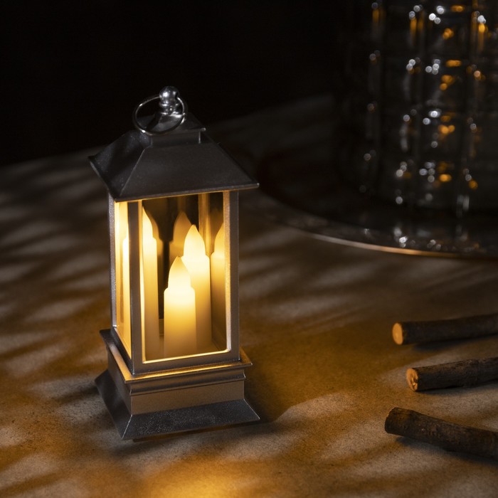 Светодиодная фигура «Серебристый фонарь со свечками» 5.5 × 13 × 5.5 см, пластик, батарейки AG13х3, свечение тёплое белое - Фото 1