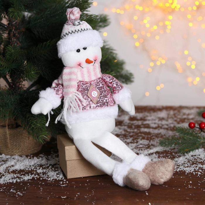 Мягкая игрушка "Снеговик в розовых пайетках-длинные ножки" 11х37 см, бело-розовый