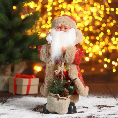Дед Мороз "В красной шубке в клетку с подарками" двигается, 30 см