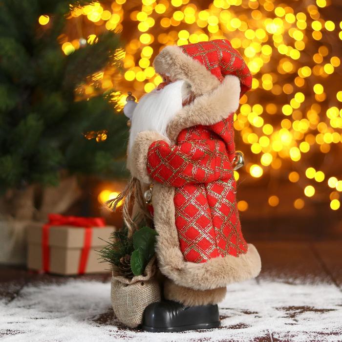 Дед Мороз "В красной шубке в клетку с подарками" двигается, 30 см - фото 1908587806