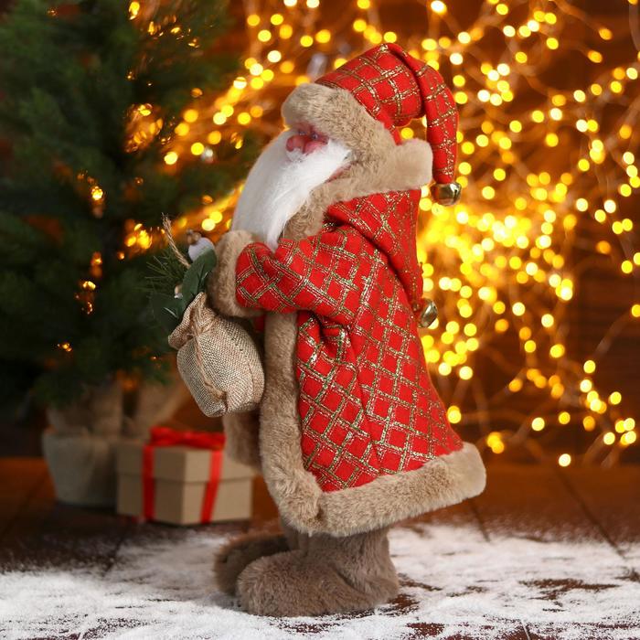 Дед Мороз "В красной шубке в клетку с подарками" двигается, 40 см - фото 1908587818