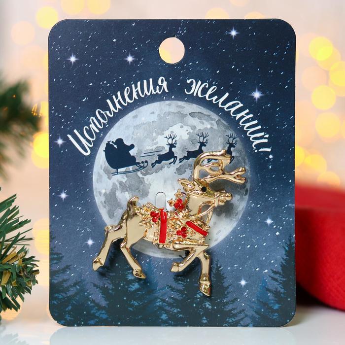 Брошь новогодняя «Олень», цвет красный в золоте - Фото 1