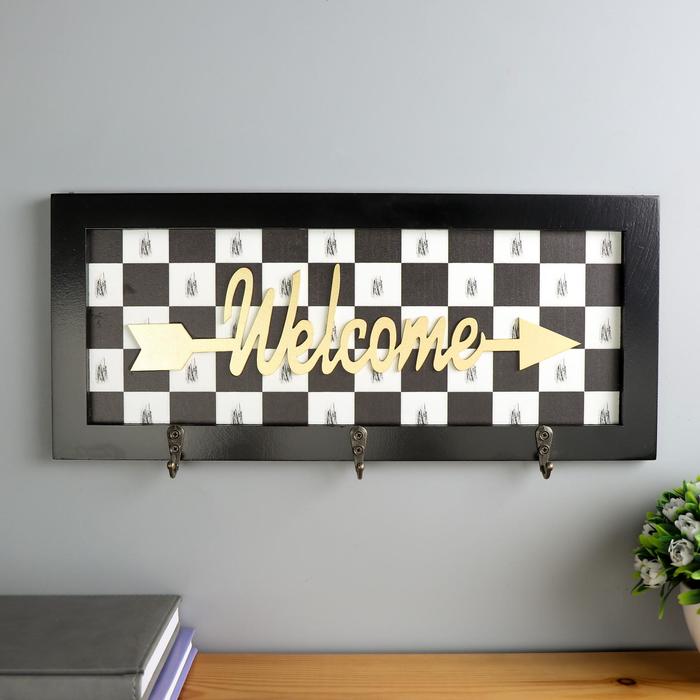 Настенные крючки декоративные дерево «Шахматка. Welcome», панно, 16.5×37×3.3 см