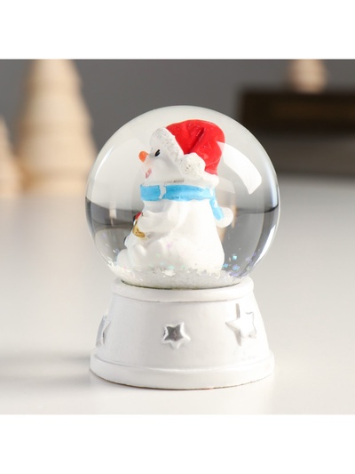 Снежный шар новогодний стеклянный «Снеговик в красном колпаке, с подарком», d=4.5 см, 6×4.5×4.5 см