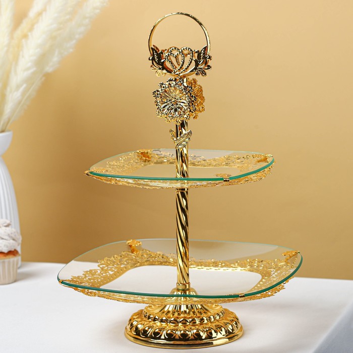 Подставка для десертов 2-х ярусная «Расцвет», d=29/41 см, цвет металла золотой - фото 1907129981