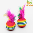 Набор из 2 игрушек "Полосатые шарики с перьями", диаметр шара 3,8 см, микс цветов - фото 2725824