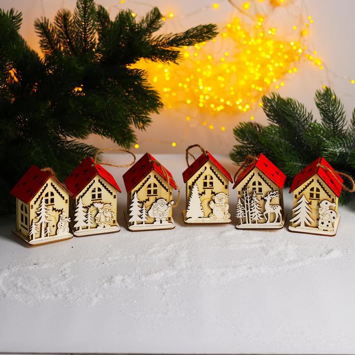 Новогодний декор с подсветкой «Домик с красной крышей» 9×6×7 см, МИКС - фото 1908588686