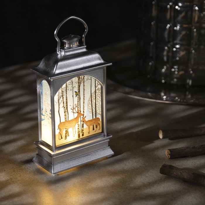 Светодиодная фигура «Серебристый фонарь с оленями» 7 × 13 × 3.5 см, пластик, батарейки AG13х3, свечение тёплое белое - Фото 1