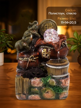 Фонтан настольный с подсветкой «Слоны и китайская монета», 20.5×14×11 см