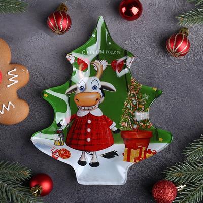 Блюдо стеклянное сервировочное Доляна «Ёлочка. Коровка в ночи», 16,9×20,3 см