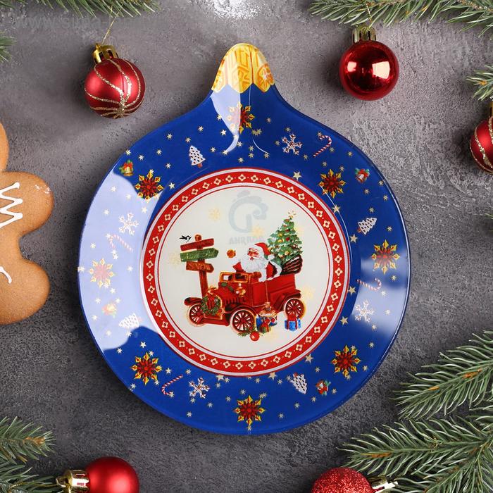 Блюдо стеклянное сервировочное Доляна «Ёлочная игрушка. Дед мороз», 18,2×15,5 см - Фото 1