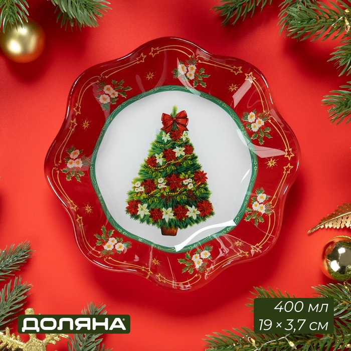 Салатник Доляна «Новогодняя ель», 400 мл, 19×3.7 см, стекло, красный - Фото 1
