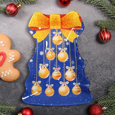 Блюдо стеклянное сервировочное Доляна «Ёлочка с бантом. Золотой бант», 21×16 см