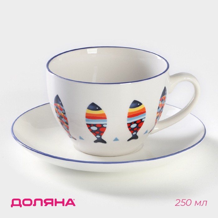 Чайная пара фарфоровая Доляна «Емеля», 2 предмета: чашка 250 мл, блюдце d=15 см, цвет белый - Фото 1