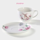Чайная пара фарфоровая Доляна «Зайка», 2 предмета: чашка 250 мл, блюдце d=15 см, цвет белый - Фото 2
