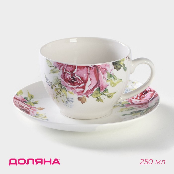 Чайная пара фарфоровая Доляна «Роза», 2 предмета: чашка 250 мл, блюдце d=15 см - Фото 1