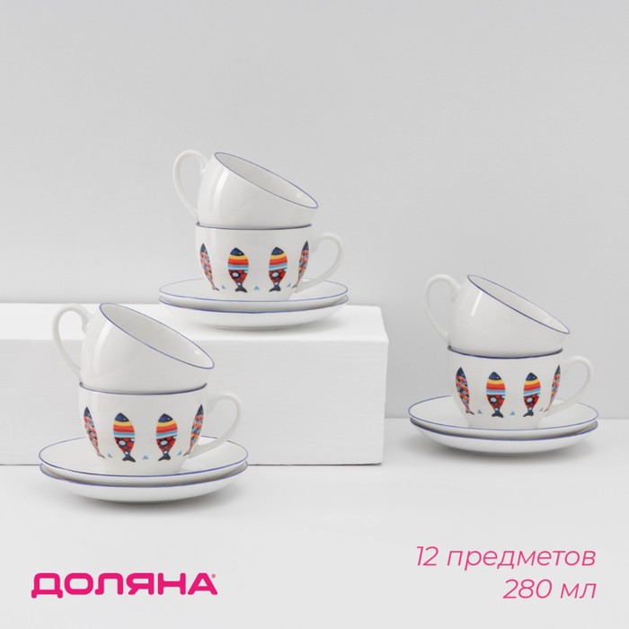 Сервиз фарфоровый чайный Доляна «Емеля», 12 предметов: 6 чашек 280 мл, 6 блюдец d=15 см, цвет белый - Фото 1