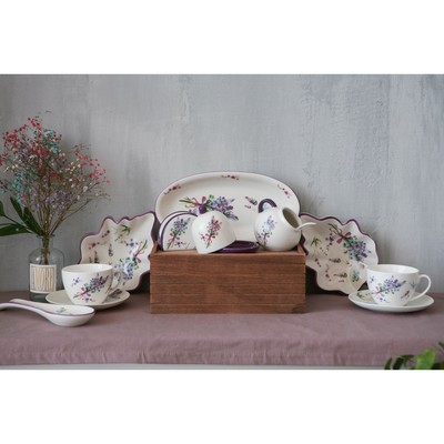 Сервиз чайный Доляна «Лаванда», 12 предметов: 6 чашек 250 мл, 6 блюдец d=15 см, фарфор, белый