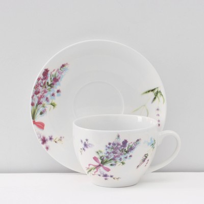 Сервиз чайный Доляна «Лаванда», 12 предметов: 6 чашек 250 мл, 6 блюдец d=15 см, фарфор, белый