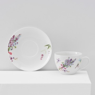 Сервиз чайный Доляна «Лаванда», 12 предметов: 6 чашек 250 мл, 6 блюдец d=15 см, фарфор, белый