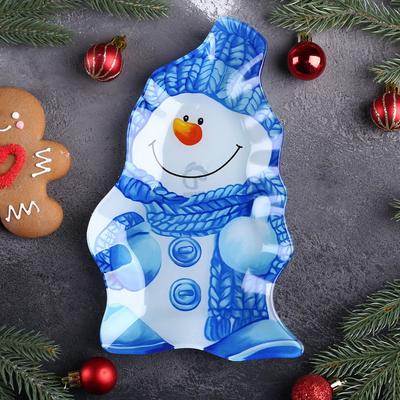 Блюдо стеклянное сервировочное Доляна «Снеговик в голубом», 25×15 см