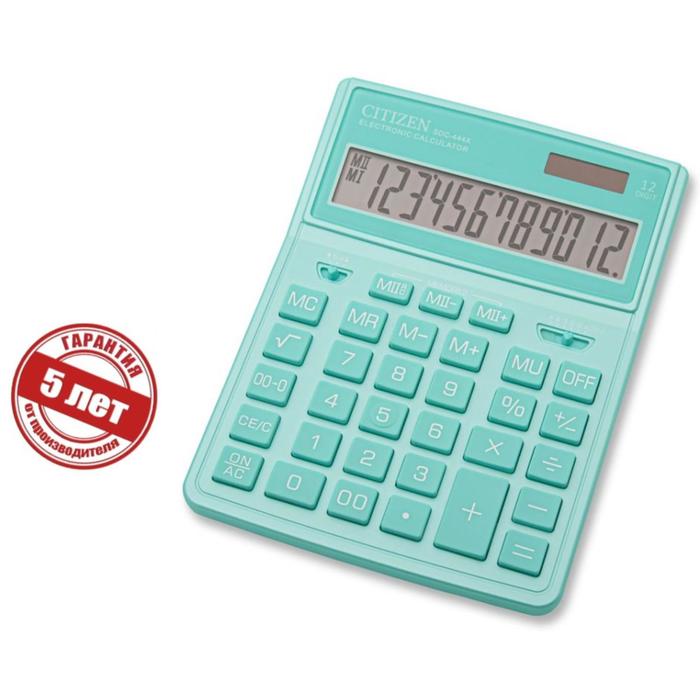 Калькулятор настольный Citizen "SDC-444XRGNE", 12-разрядный, 155 х 204 х 33 мм, двойное питание, бирюзовый - фото 6801194