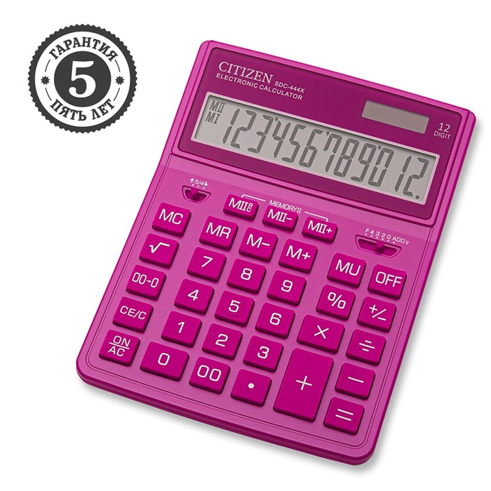 Калькулятор настольный Citizen "SDC-444XRPKE", 12-разрядный, 155 х 204 х 33 мм, двойное питание, розовый - Фото 1