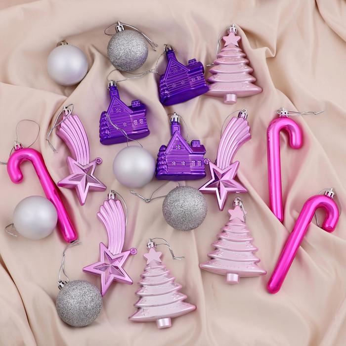 Ёлочные игрушки «Вечер чуда», шары новогодние, набор 18 шт., серебристый/сиреневый - Фото 1