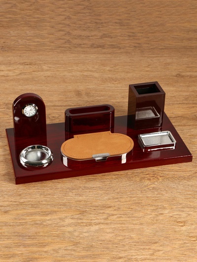 Набор настольный, органайзер 6 в 1 с визитницей и часами, красное дерево