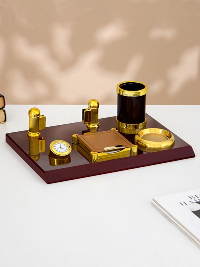 Набор настольный, органайзер 5 в 1 с визитницей и часами, красное дерево