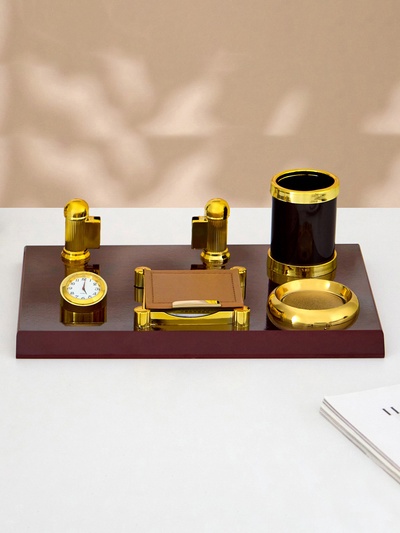 Набор настольный 5в1 с визитницей и часами, красное дерево