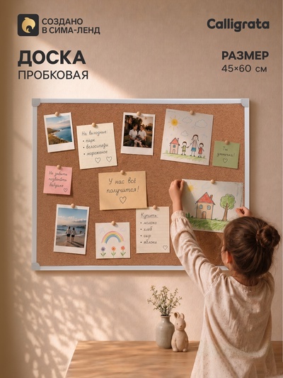 Доска пробковая Calligrata, 45×60 см, в ПВХ рамке белого цвета, серые уголки