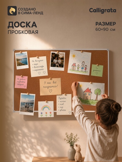 Доска пробковая, Calligrata, 60×90 см, в ПВХ рамке белого цвета, серые уголки