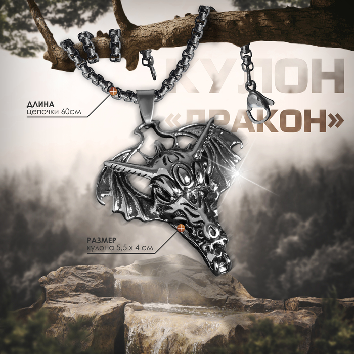 

Кулон унисекс «Дракон» голова, цвет чернёное серебро, 60 см