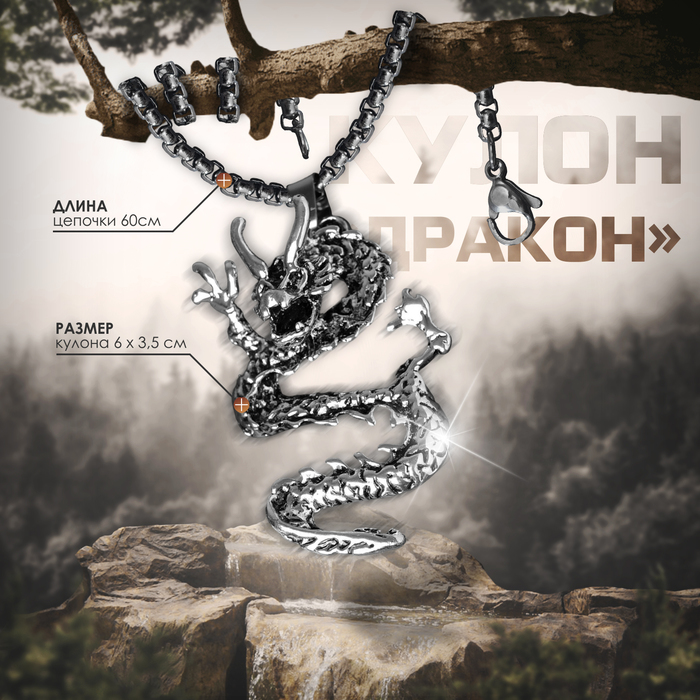 

Кулон унисекс «Дракон» яростный, цвет чернёное серебро, 60 см