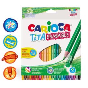 Карандаши 24 цвета Carioca "Tita Erasable", стираемые, 3.0 мм, шестигранные, пластиковые, с ластиком, картон, европодвес