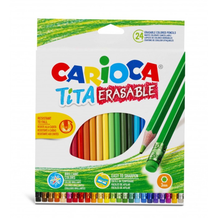 Карандаши 24 цвета Carioca "Tita Erasable", стираемые, 3.0 мм, шестигранные, пластиковые, с ластиком, картон, европодвес - Фото 1