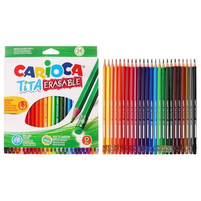 Карандаши 24 цвета, Carioca "Tita Erasable", стираемые, пластик, шестигранные, грифель 3.0 мм, яркие цвета и плавное письмо, европодвес