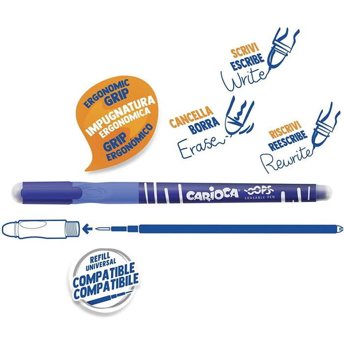 Ручка капиллярная стираемая Carioca "OOPS", узел 0,7 мм, чернила синие, резиновый держатель, блистер