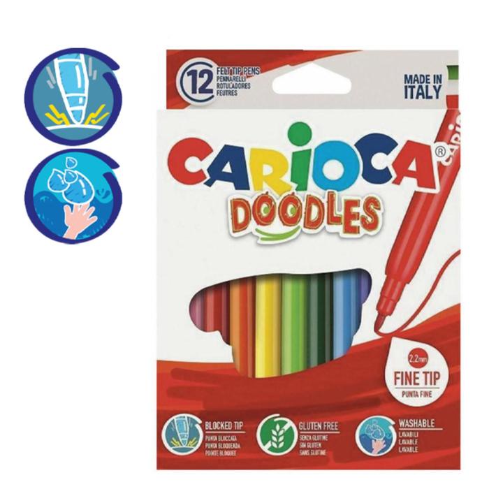 Фломастеры 12 цветов, Carioca "Doodles", среднее письмо 2.2 мм, супер-яркие, смываемые, картон, европодвес - Фото 1