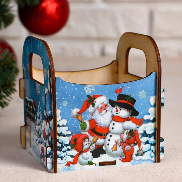 Кашпо деревянное "Санта и снеговик", 10×10.5×11 см - Фото 1