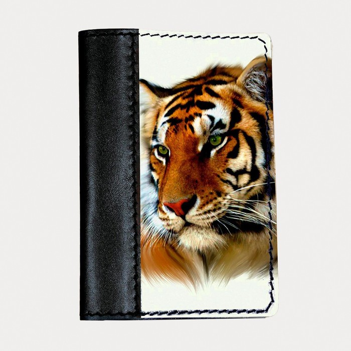 Обложка на паспорт комбинированная "Рыжий тигр", черная - Фото 1