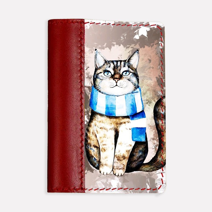 Обложка на паспорт комбинированная "Акварельный кот", красная - Фото 1