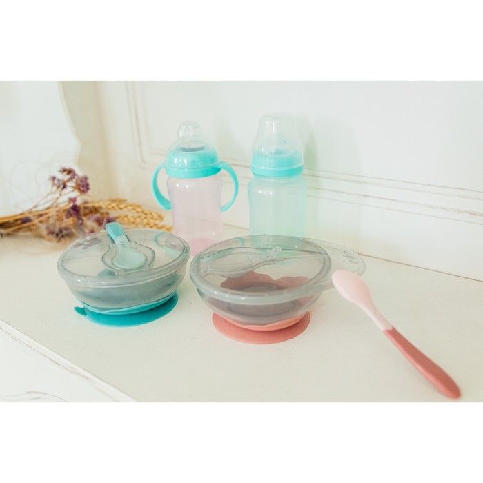 Набор для кормления: миска на присоске, с крышкой + ложка, цвет розовый, 400 мл. - фото 1907134507