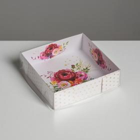 Коробка для макарун с PVC крышкой, кондитерская упаковка «Цветы», 12 х 12 х 3 см