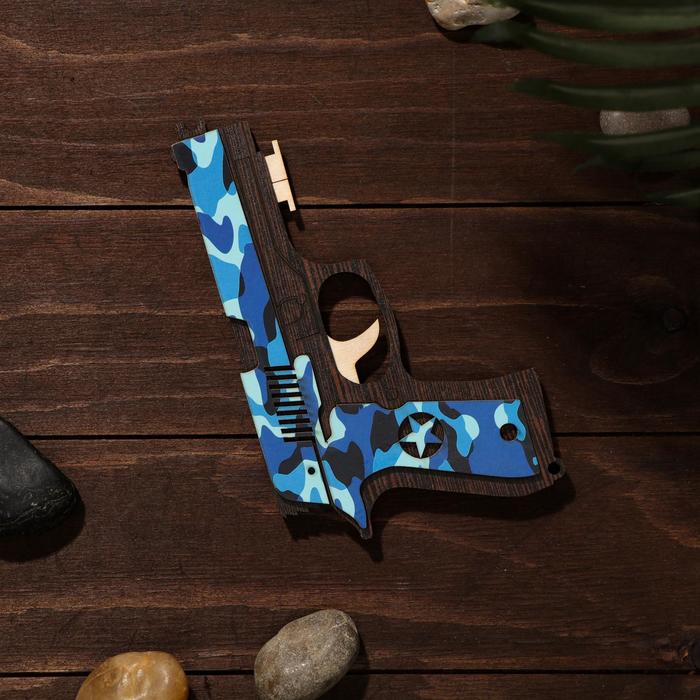 Сувенир деревянный «Резинкострел, синий камуфляж» + 4 резинки - фото 1908593028